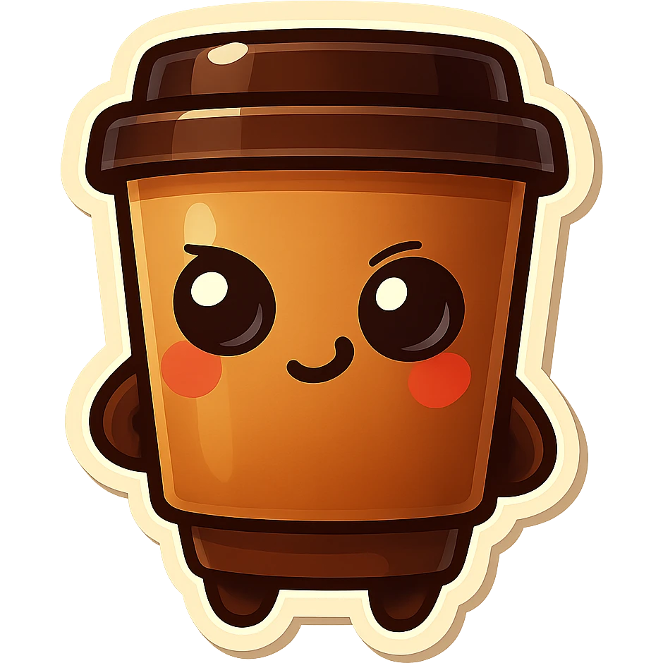 Tall coffee cup, mischievous eyes, thinking emoji