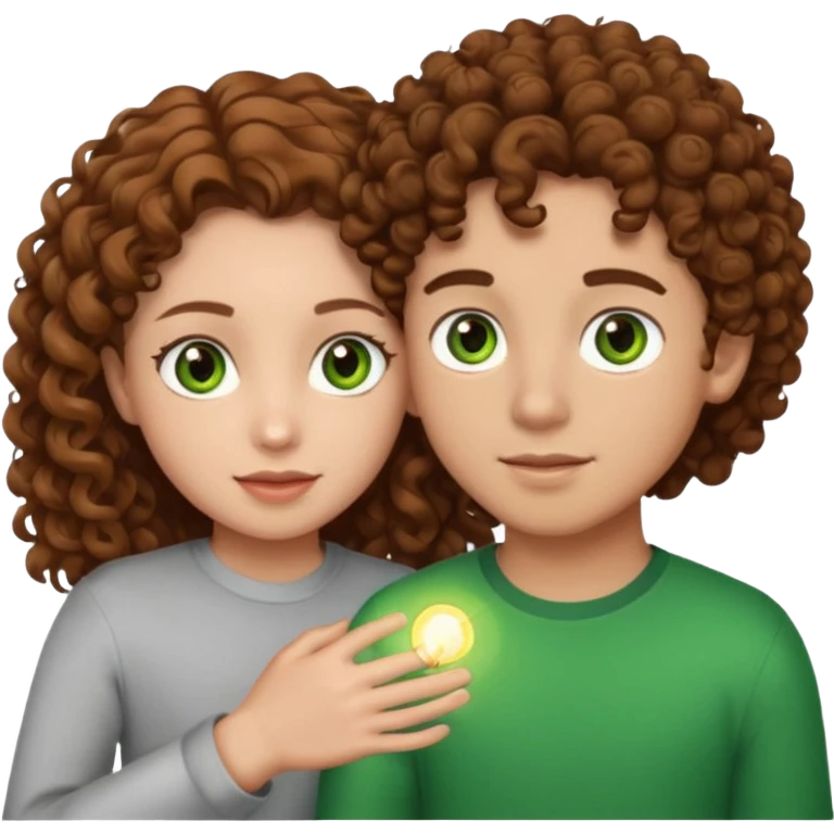 Boy and a girl holding each other one boy with brown curly hair and green eyes with light skin and girl with brown hair with curly hair and hazel eyes and light skin emoji