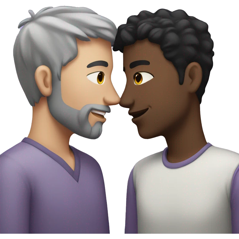 Two men kissing, one of the white with lavender hair and the other person is black with black hair  emoji