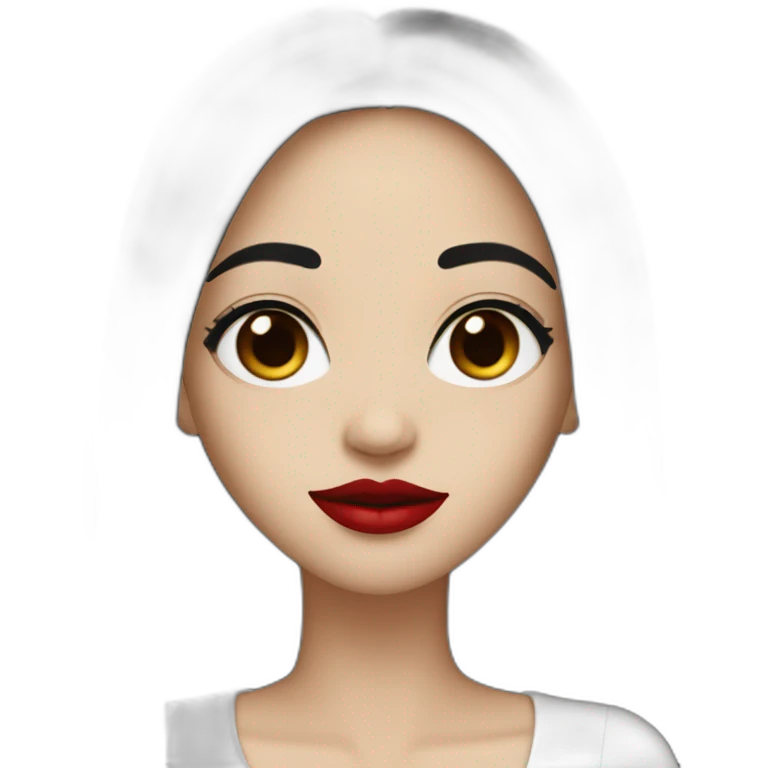 long straight black hair, red lipstick, black eyes, white skin and a small nose emoji