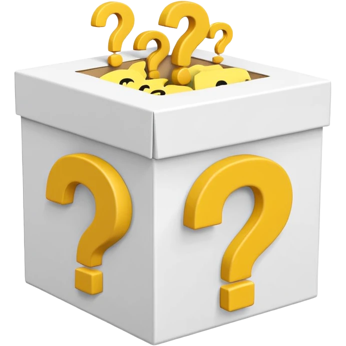 white cube shaped box printed with "q&a" over stuffed with yellow question marks emoji