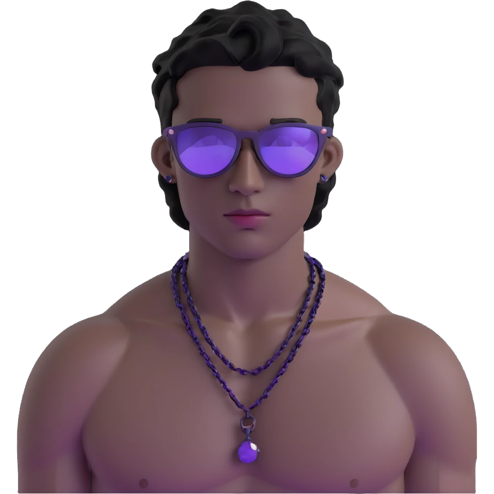 shirtless male athlete with white skin and moderately curly black hair on top with shaved sides, wearing purple sunglasses with very dark heavily tinted black lenses, and a simple plain black chain necklace with absolutely no pendant or decoration emoji