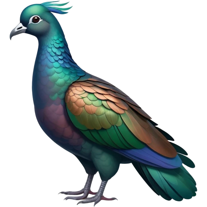 Nicobar pigeon with iridescent blue, green and copper-colored plumage, distinctive white tail emoji
