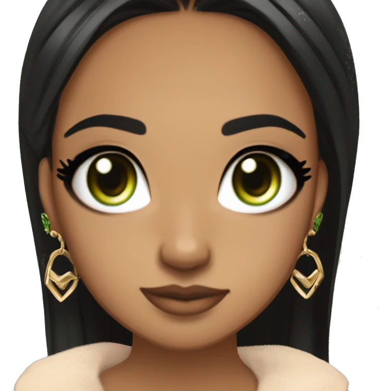 Glamorous, streetwear, black hair, long straight hair, olive skin, green almond eyes, winged eyeliner with big lashes, wearing hooped earrings, rings and bracelets, almond fake nails emoji