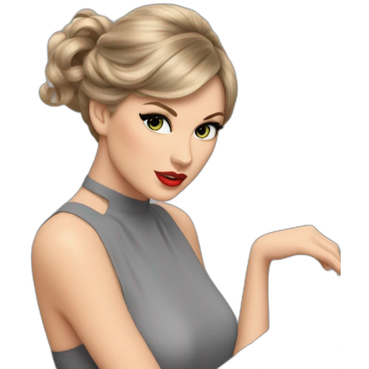 Taylor swift with a gray dress, atacher hair in ponytail in front of a piano emoji