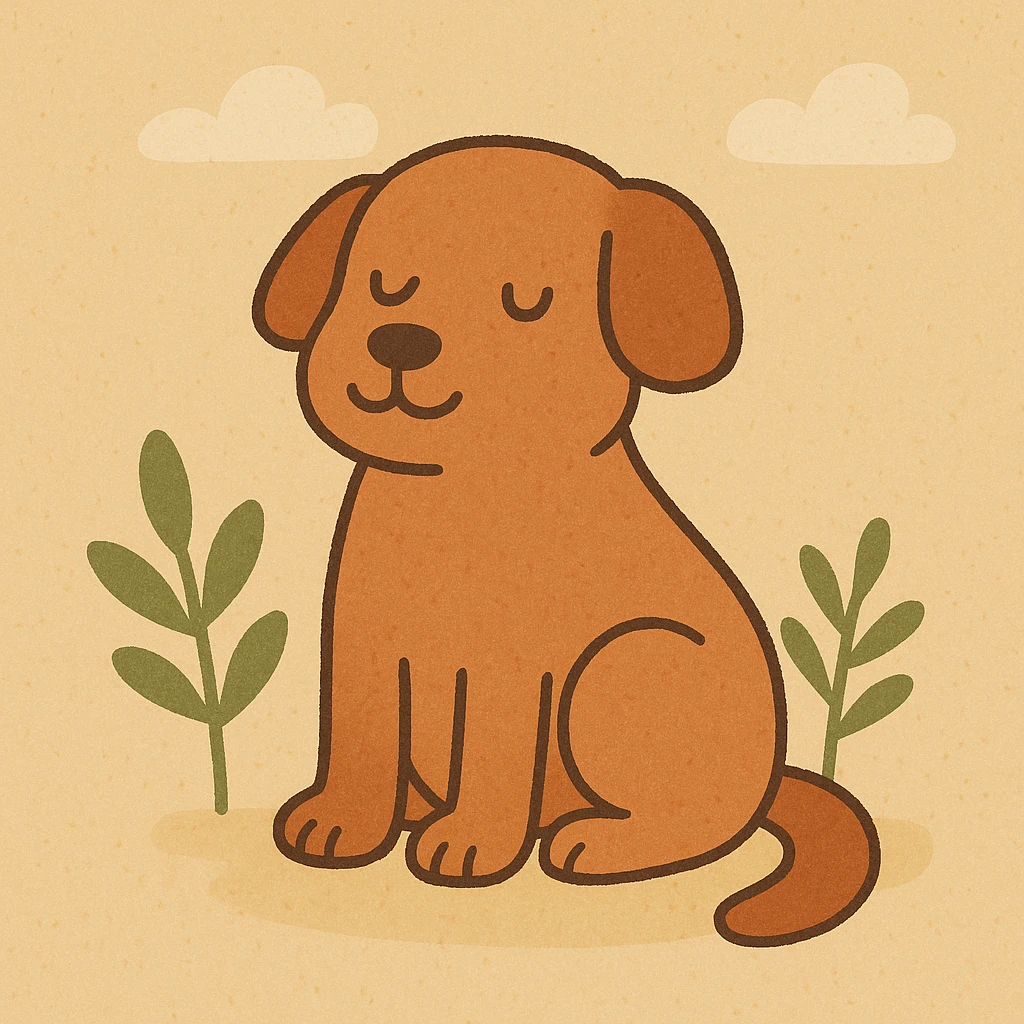 A cute cartoon dog, warm tones, simple shapes, sitting. emoji