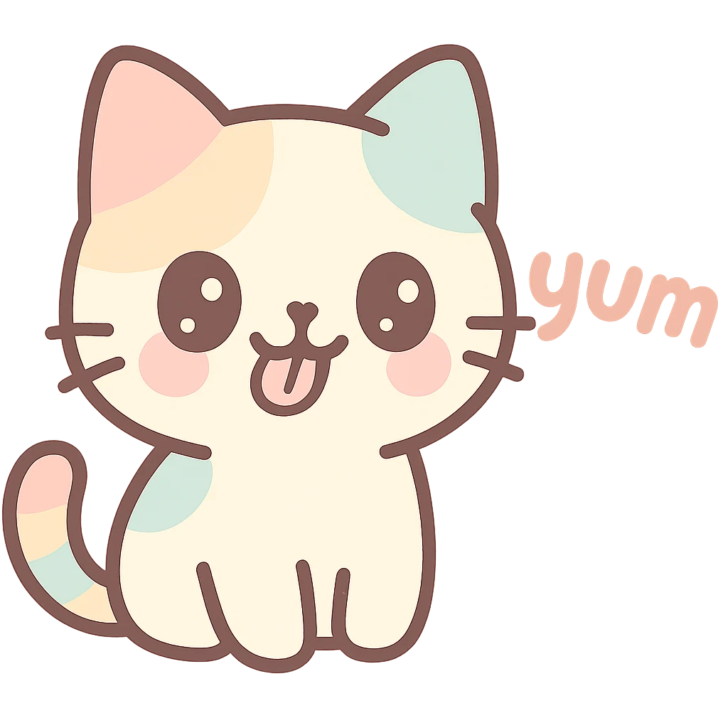 small Chinese kitten licking its lips, 'yum' written in a fun font, kawaii style emoji