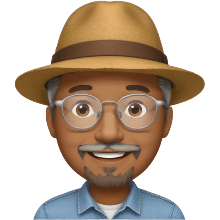 Brown man smiling not showing teeth, wide rimmed hat, clear glasses, gray goatee emoji