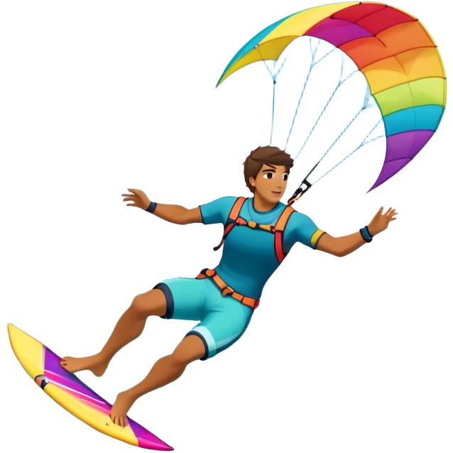 A professional kite surfer performing a high-flying trick on the waves, with a colorful kite soaring above. The background features a stunning landscape of rolling ocean waves, a bright sky, and distant mountains, emphasizing the skill and freedom of the sport. emoji