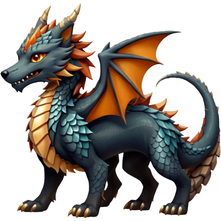 Majestic wolf-like dragon with red sandstone scales and layered plates resembling canyon rock formations. Crystallized mineral mane with copper and gold hues runs down its neck and back. Obsidian claws, amber eyes, and a tail of stone spires. Pokémon style. emoji