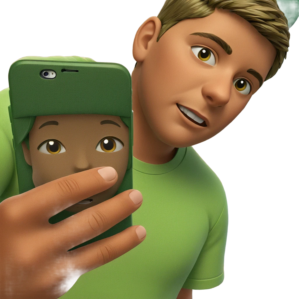 boy holding phone in green emoji