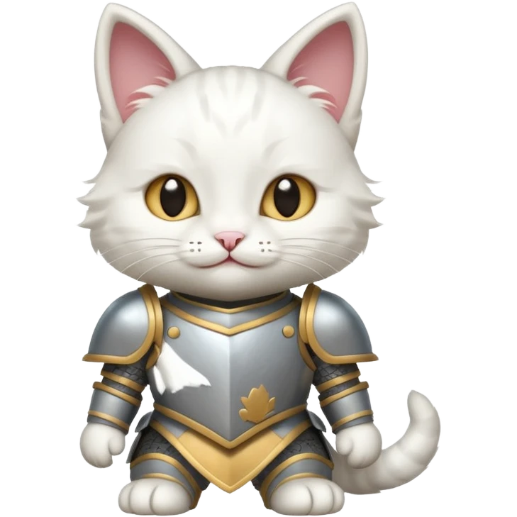 baby white cat in armor, full body, smile emoji