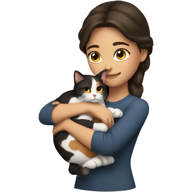brunette girl hugging cat, calico cat emoji