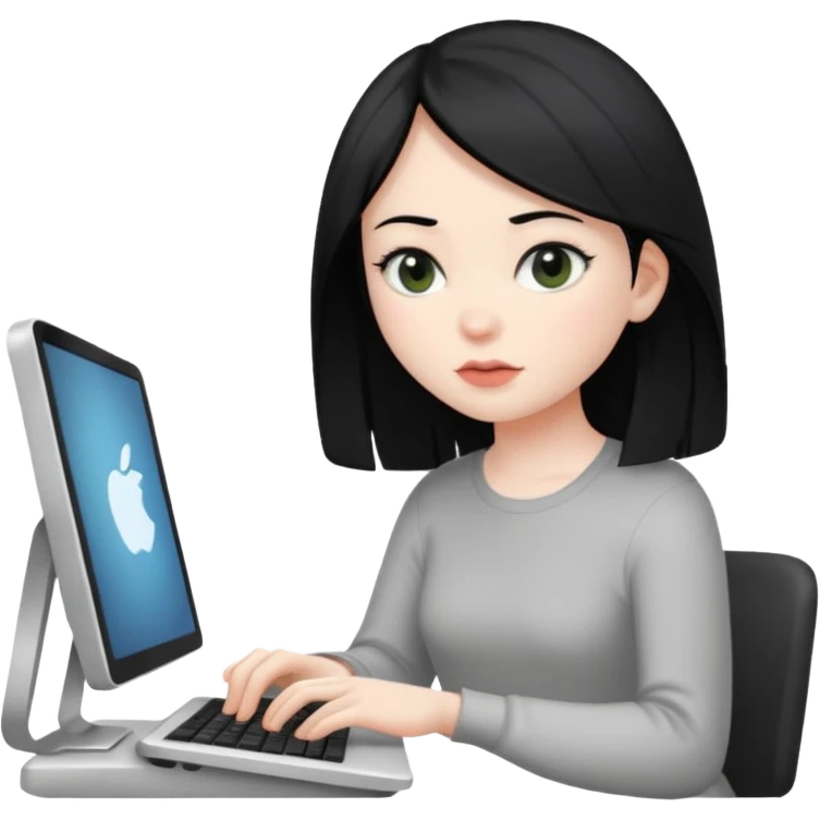 Uma menina de cabelo preto trabalhando no computador emoji