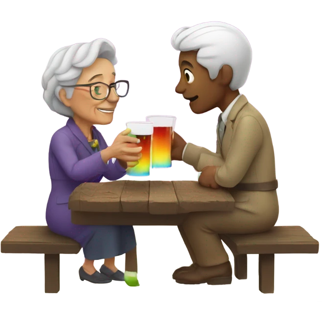 Man having a drink with old lady under a rainbow emoji