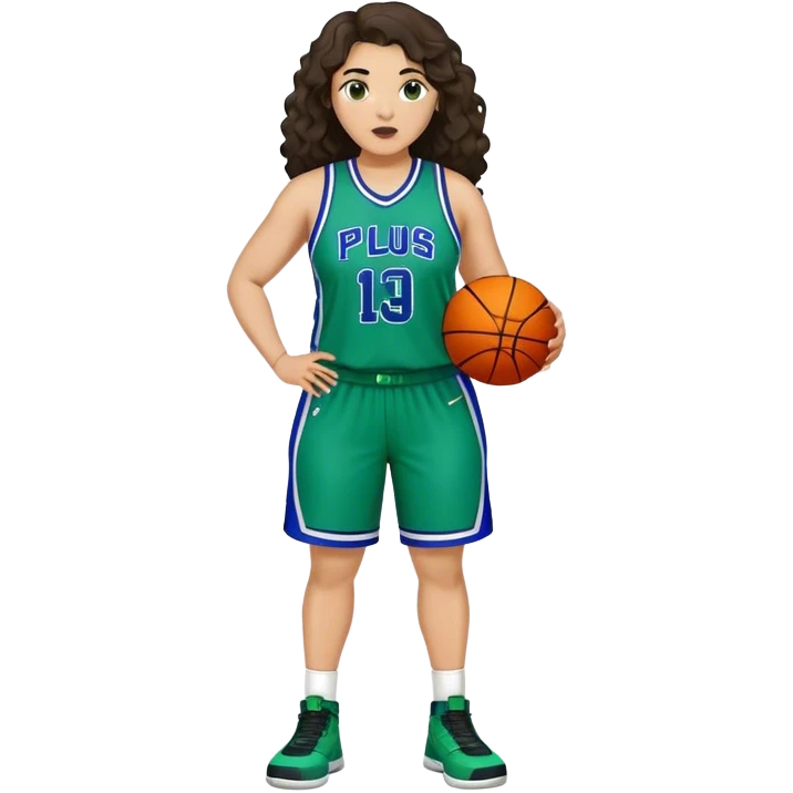 full body plus size light skin latino women basketball player with wavy dark hair large wide nose wearing blue with green uniform emoji