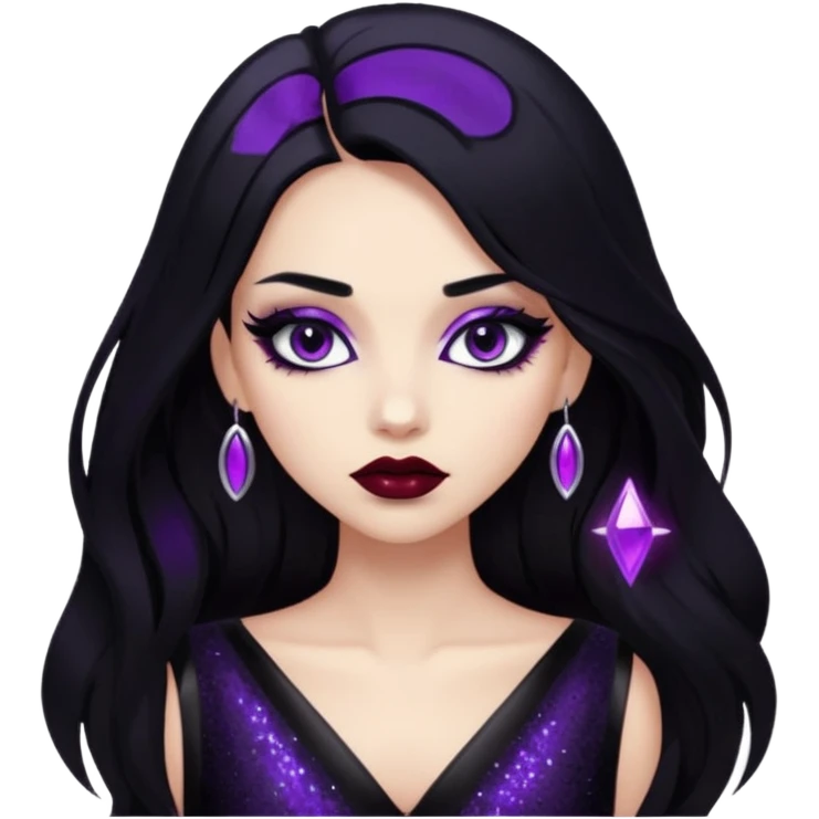 girl with long black hair, shiny black night dress with glitter, purple makeup, dark red lipstick, edgy and mysterious emoji