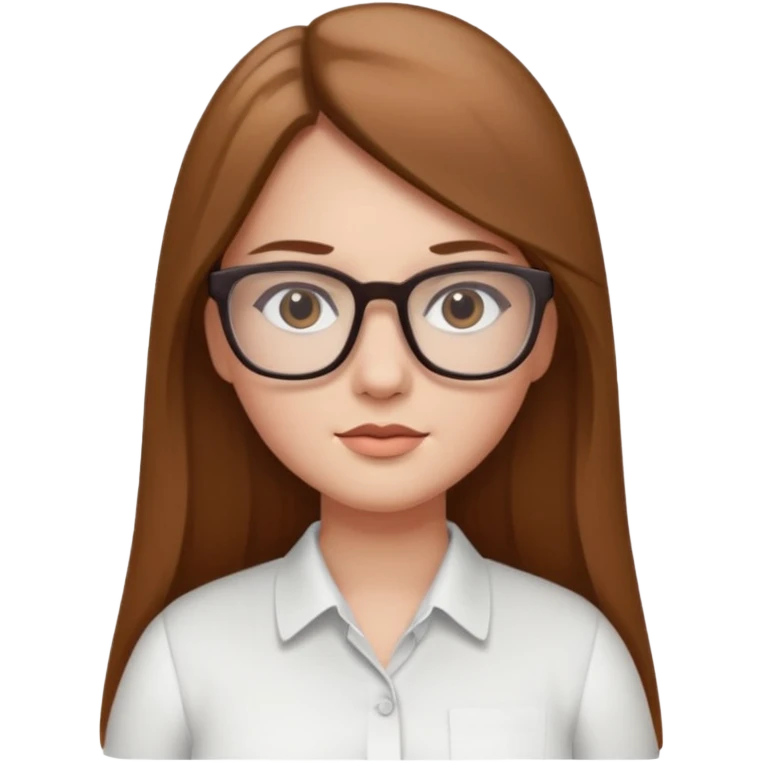 Chica blanca con cabello liso largo café claro, ojos cafe obcuro con lentes cuadrados, gordita, camisa e vestir blanca emoji