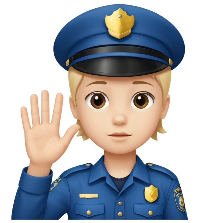 Kid in policeman uniform, show “stop” her hand emoji