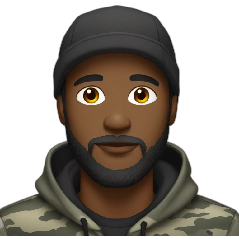 black man with a beard, gray camo hat, black pullover  hoodie emoji