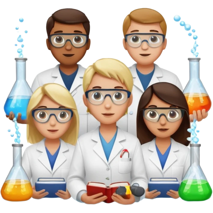 The team of scientists is waist-deep, surrounded by chemical flasks and books emoji