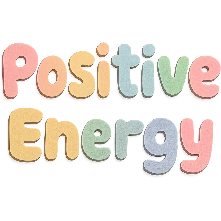 "Positive Energy" in soft pastel rainbow puffy rounded letters, kawaii cute style, no border, transparent background emoji