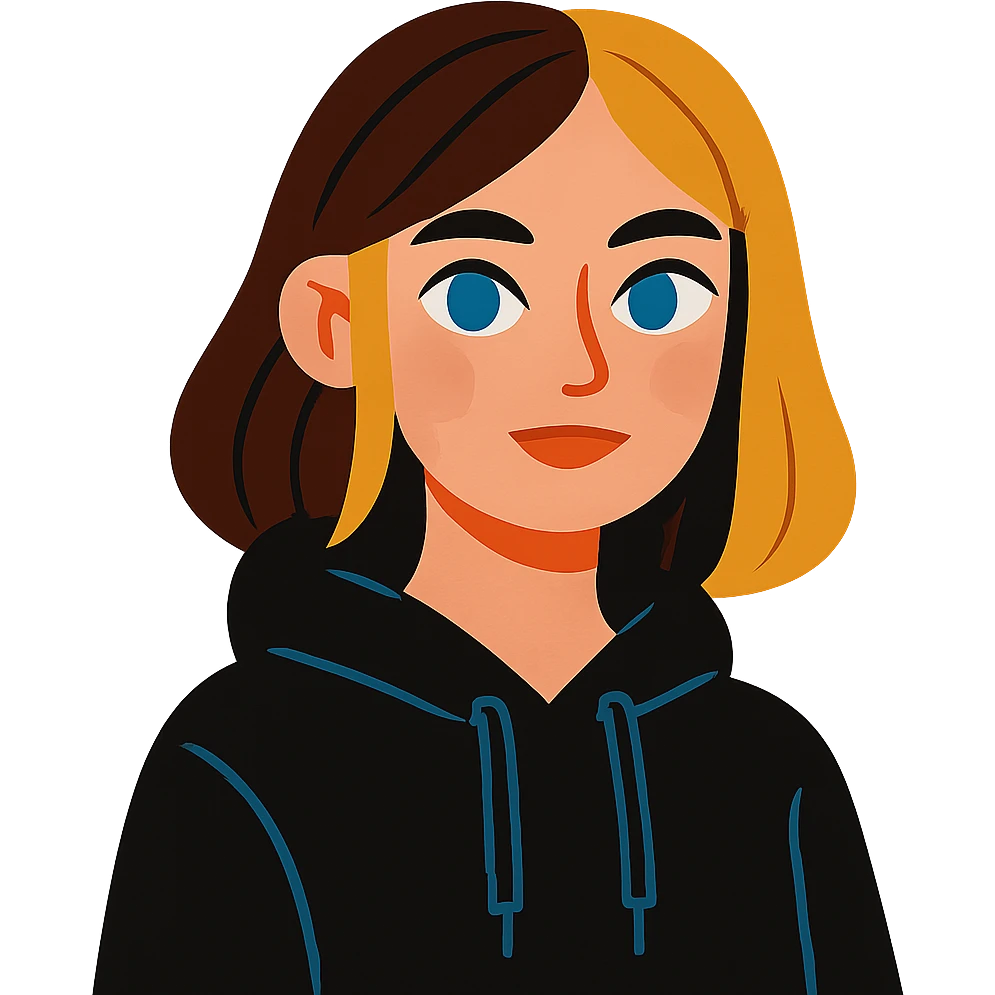 designer girl with blue eyes, brown and blonde hair to shoulders, black hoodie emoji