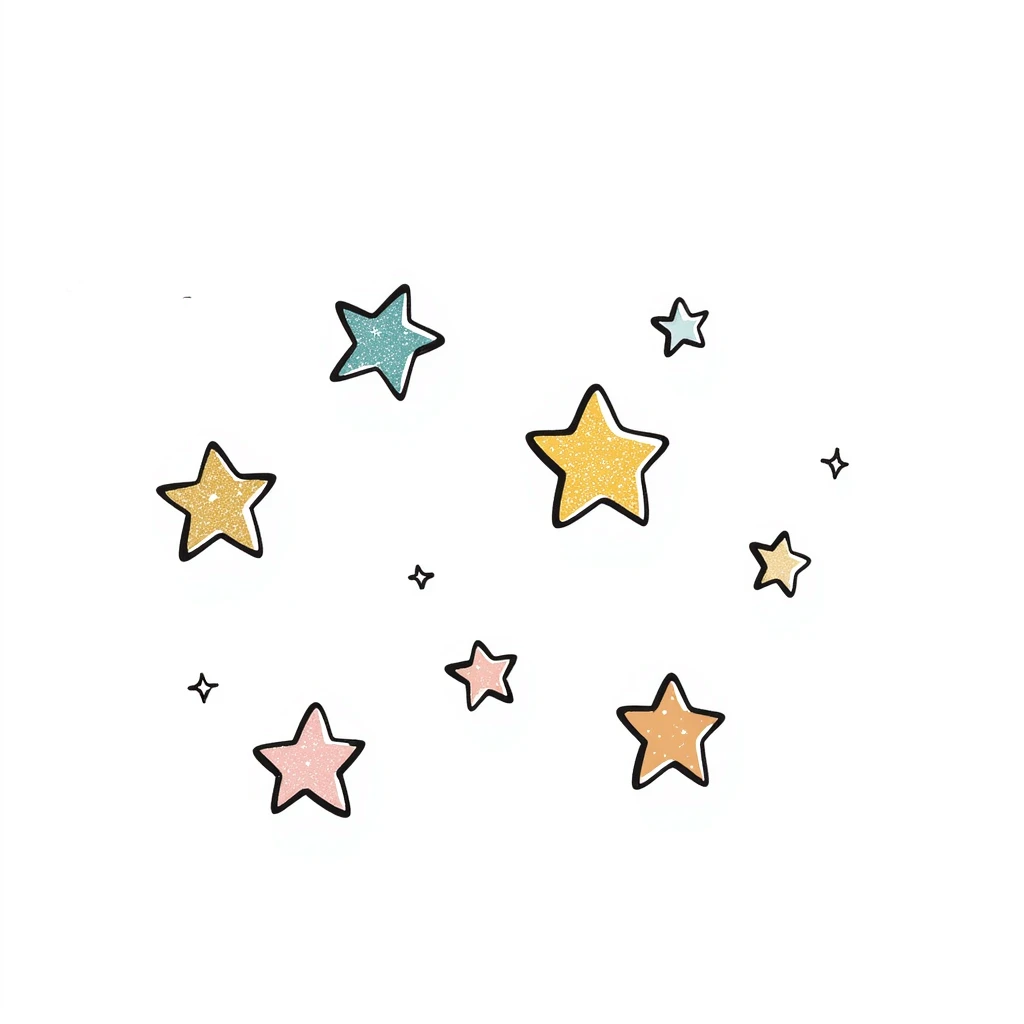 glittery sparkling stars in various sizes in pastel colors dd9fb0 ffc6d3 a3bfc9 c4bee2 f1b091, hand-drawn doodle style emoji
