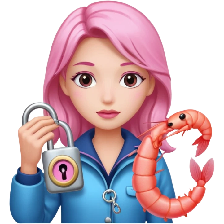 A pink rubber maid sissy MTF holding a lock and a shrimp emoji