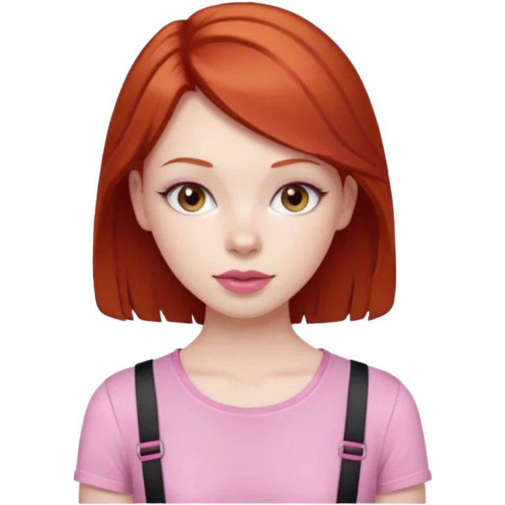 Redhead girl with deep brown eyes, pale skin with light red lips wearing a pink strap shirt emoji