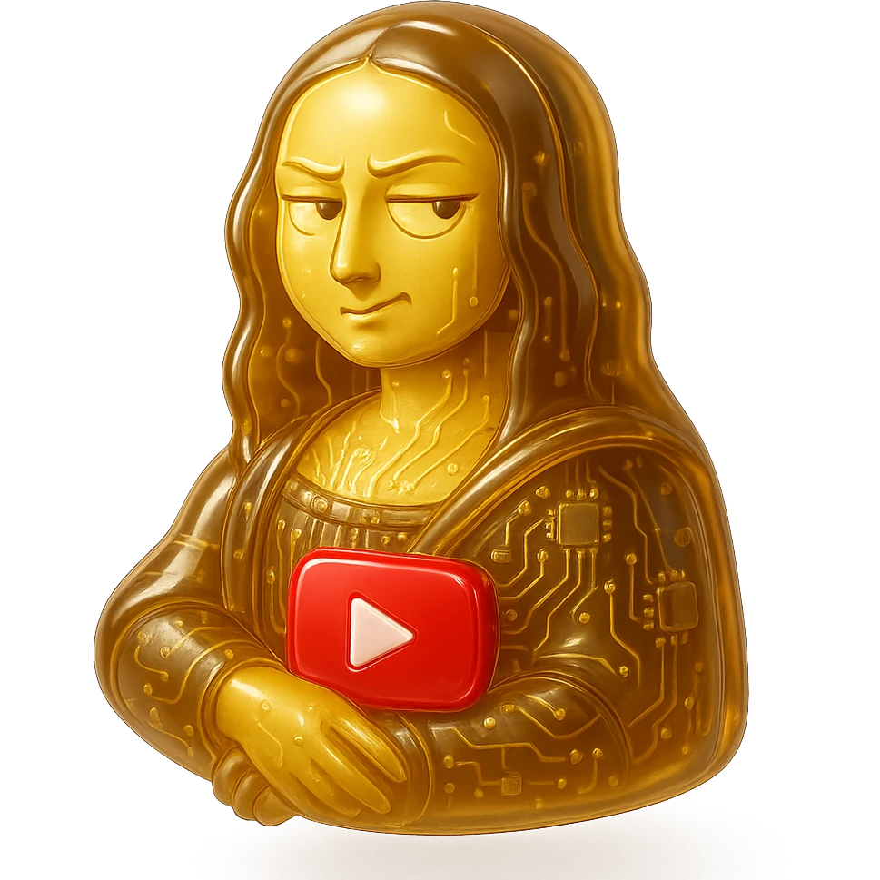 Mona Lisa with a sarcastic side-eye, red YouTube play button, glossy circuit style emoji