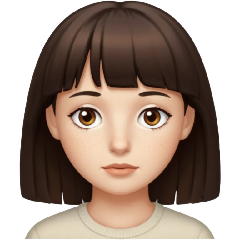 branca, olhos hazel, franjnha, pequenas sardas, cabelo castanho escuro emoji