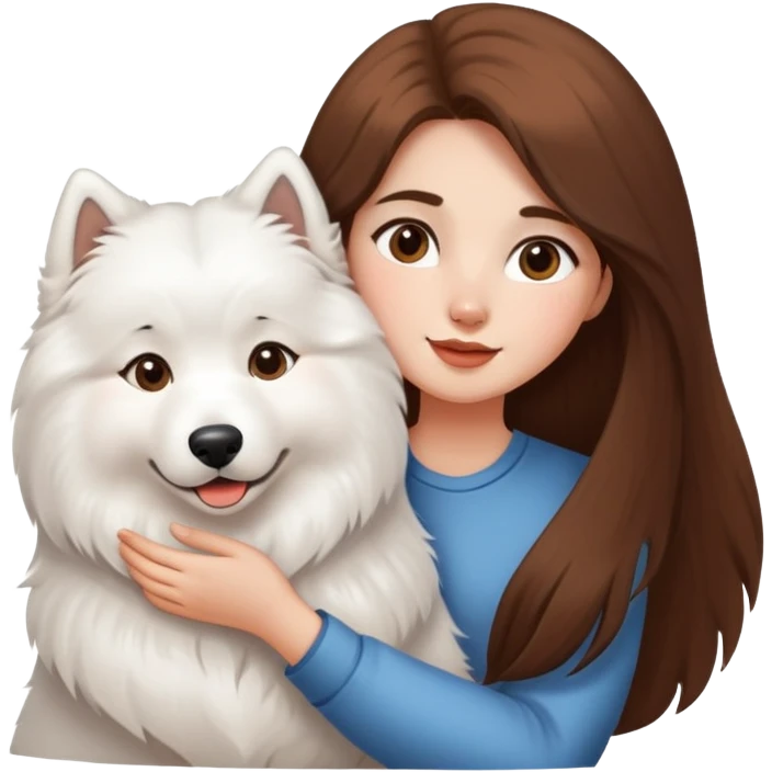 A girl with long brown hair holding a Samoyed emoji