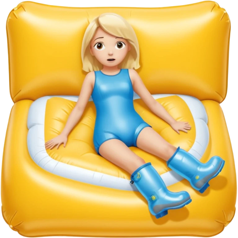 chica rubia con cara de miedo con unas botas de presoterapia gigantes inflables tirada en una cama amarilla emoji