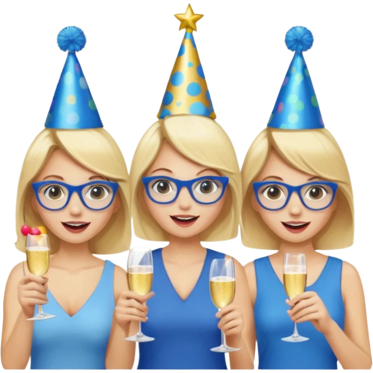 group of women cheering. With a blonde girl in middle with blue glasses emoji