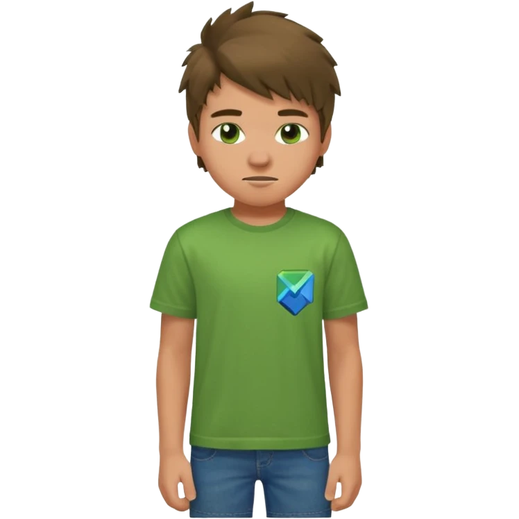 A 14 yerar old teenage boy, slightly tanned, wearing a green minecrcaft tshirt, blue jeans and green sneakers with brown tousled hair, smirking emoji