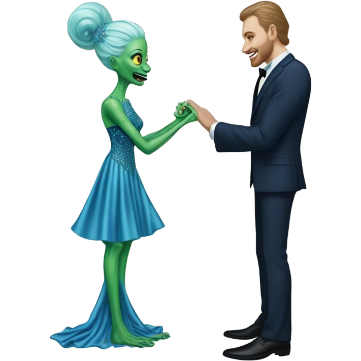 alien reptilian green skin woman, in long slim pastel blue formal party satin dress with gradient shiny sparkling navy blue diamonds embroidered , and caucasian man in black dres on his knees asks her to marry her emoji