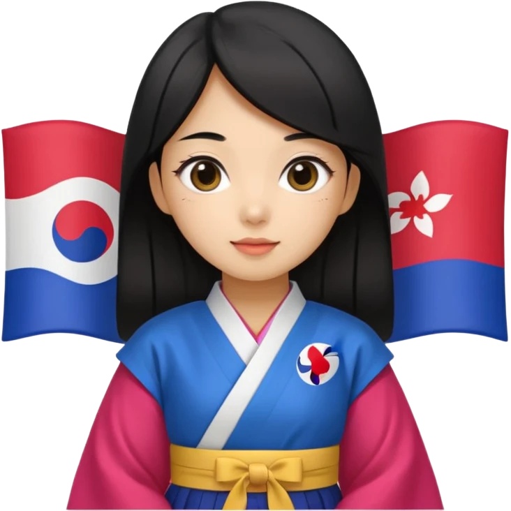 black hair girl with colorful hanbok holding south korea flag with white background emoji