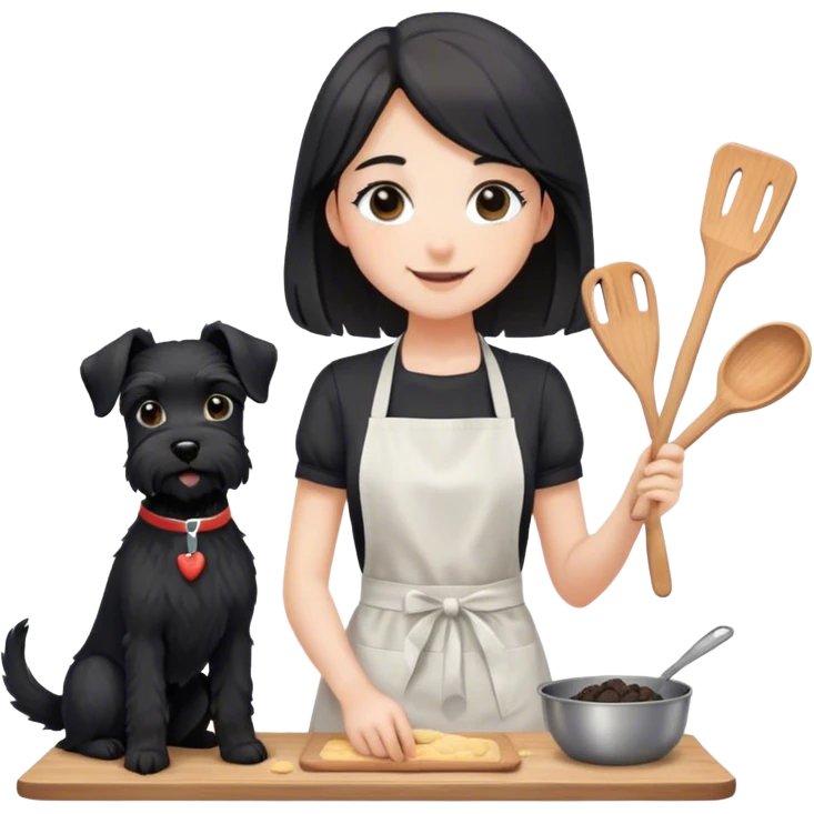 pale smiling girl baking with long back hair wearing black long shirt wearing apron holding black  schnauzer emoji