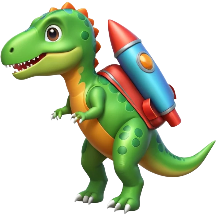 cute toy-like rocket-propelled dinosaur, rounded shapes, glossy texture, colorful rocket backpack, happy expression, 3D cartoon, mobile game icon style, clean background, no text, no watermark
 emoji