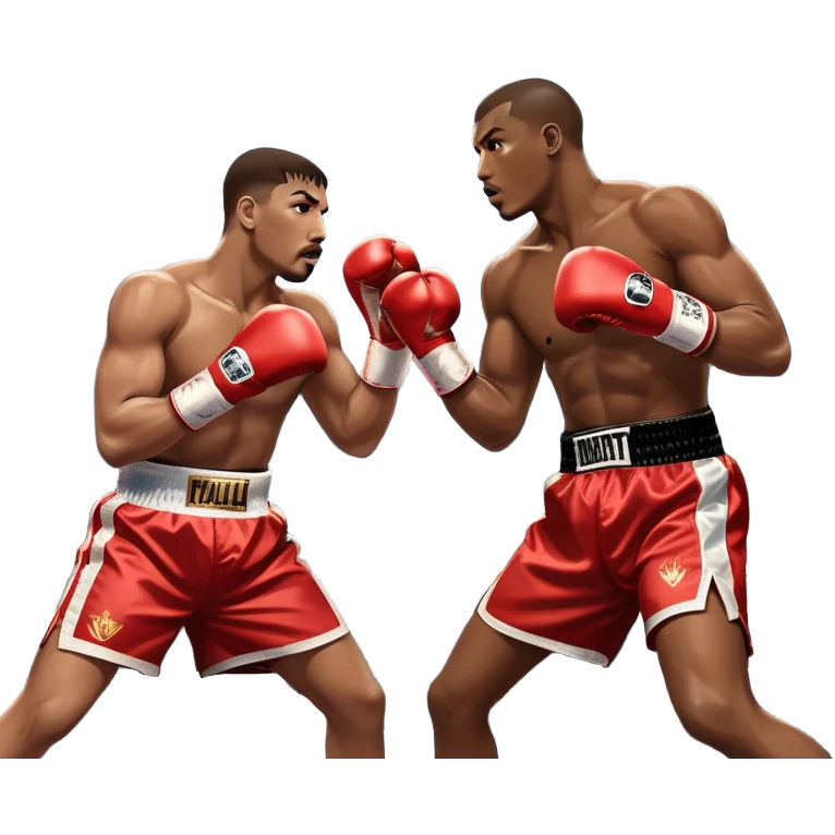  a high-stakes boxing match for the world championship title. Two professional boxers, wearing gloves and championship belts, exchange powerful punches in the center of the ring. The background features a packed arena with bright lights, a roaring crowd, and the championship banner hanging above.  emoji