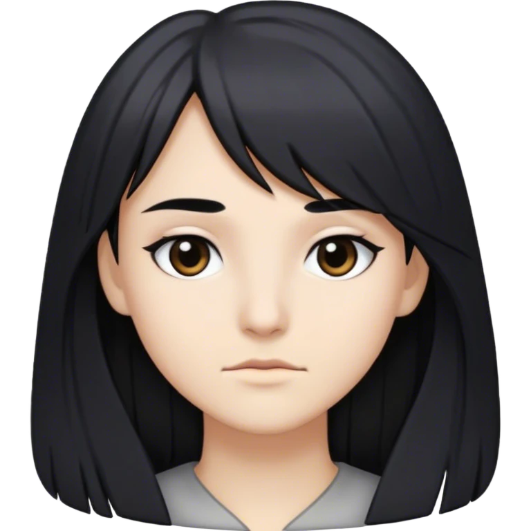 Black hair long hair, side bangs, dark eyes, thin brows, gray skin emoji