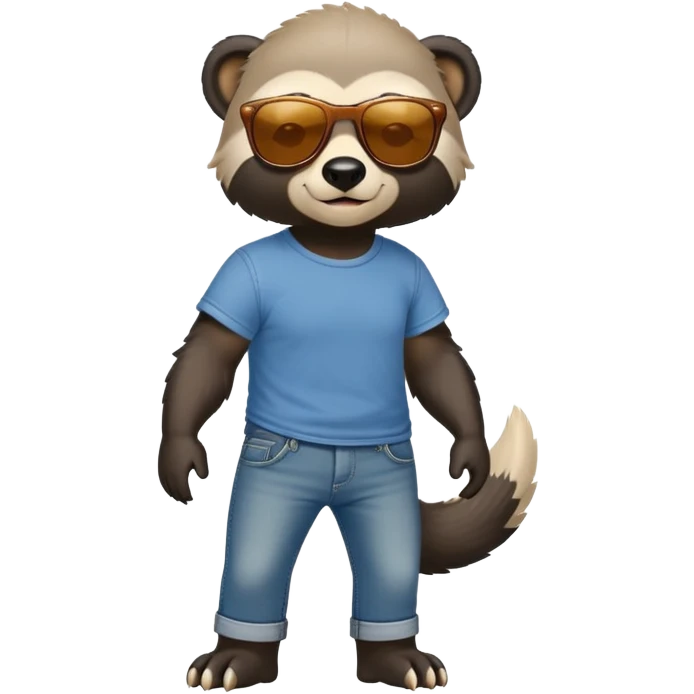 friendly anthropomorphised honey badger in jeans and a t-shirt, wearing sunglasses, walking upright, relaxed pose emoji