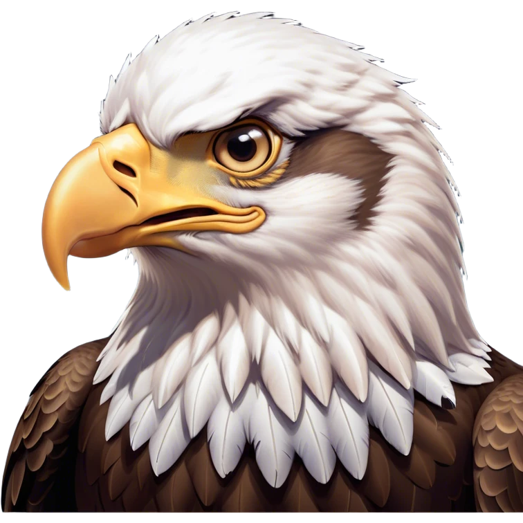 Cinematic Comical American Eagle Portrait Emoji, Head tilted dramatically with an exaggeratedly shocked expression, featuring a robust, powerful form with wide, comically expressive eyes full of playful disbelief and a mix of stark white and dark plumage, Simplified yet hilariously expressive features, highly detailed, glowing with a slightly sassy majestic glow, high shine, dramatic yet playful, stylized with an air of cheeky aerial mischief, soft glowing outline, capturing the essence of a meme-worthy American eagle that looks ready to side-eye its way into viral fame! emoji