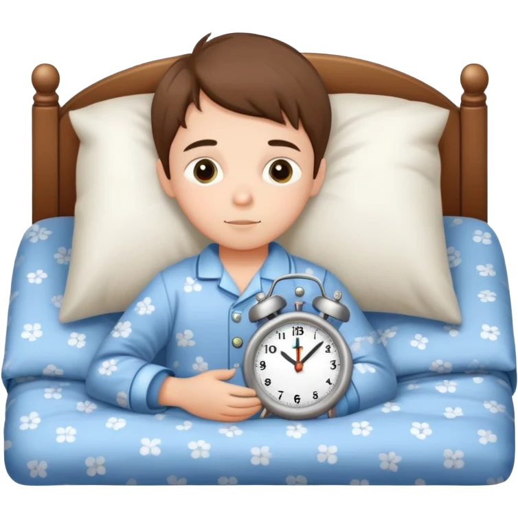 child tucked in bed with a clock showing bedtime, simple and cute emoji
