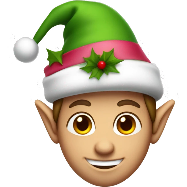 Christmas elf with a green hat, white skin, rose-colored nose, and a big smile. Only the head and hat. Hair is brown. emoji
