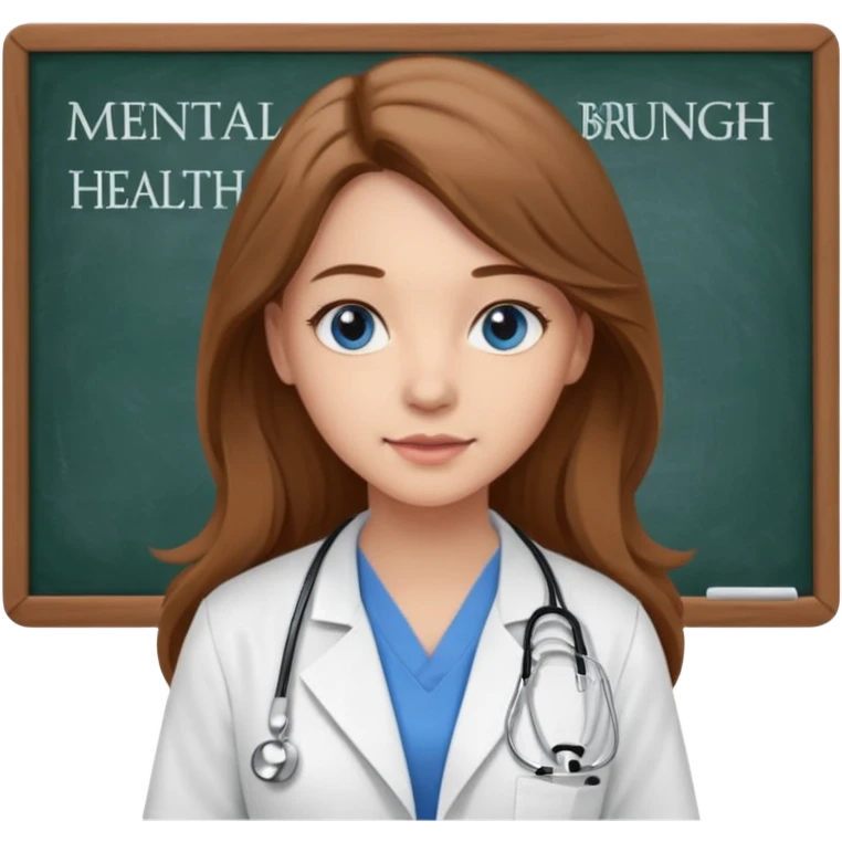 university classroom that says Mental Health Nursing on the blackboard with a pretty female nursing student with long brown hair, blue eyes emoji