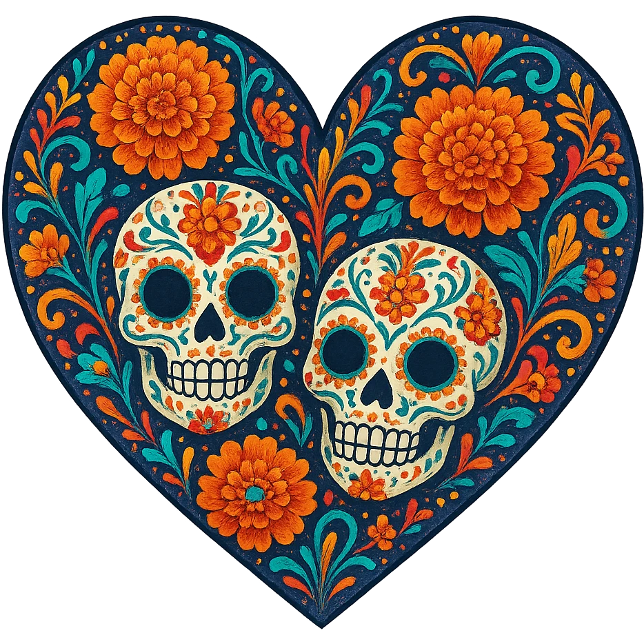 heart with Day of the Dead theme, decorated with sugar skull patterns, marigold flowers, colorful and intricate emoji