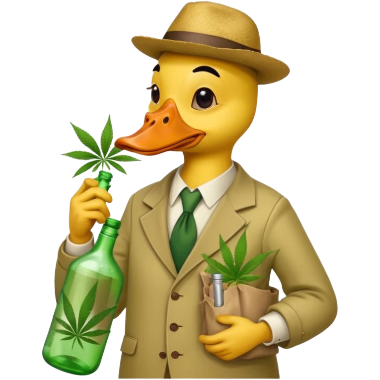 Drunk and high duck animal holding weed bottle and a bag of weed. Looking sloshed emoji