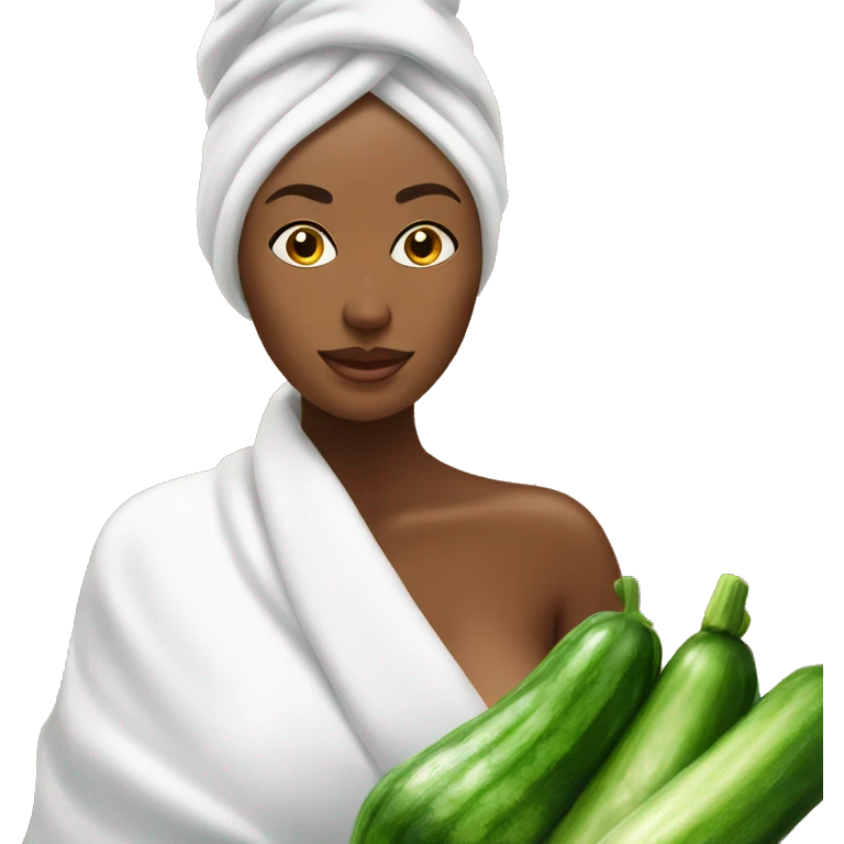woman with towel on her head infront of sauna with cucumber mask emoji